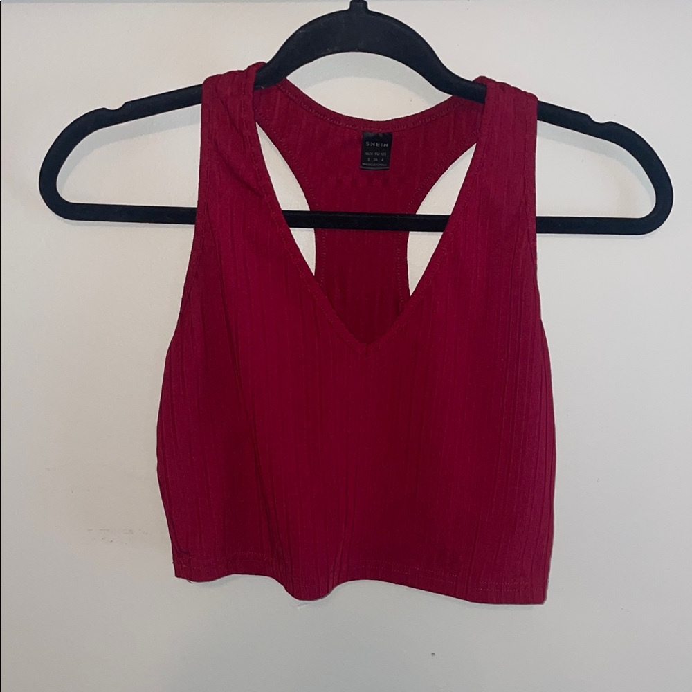 SHEIN Ribbed V-Neck Racerback Crop Top - Wine Red